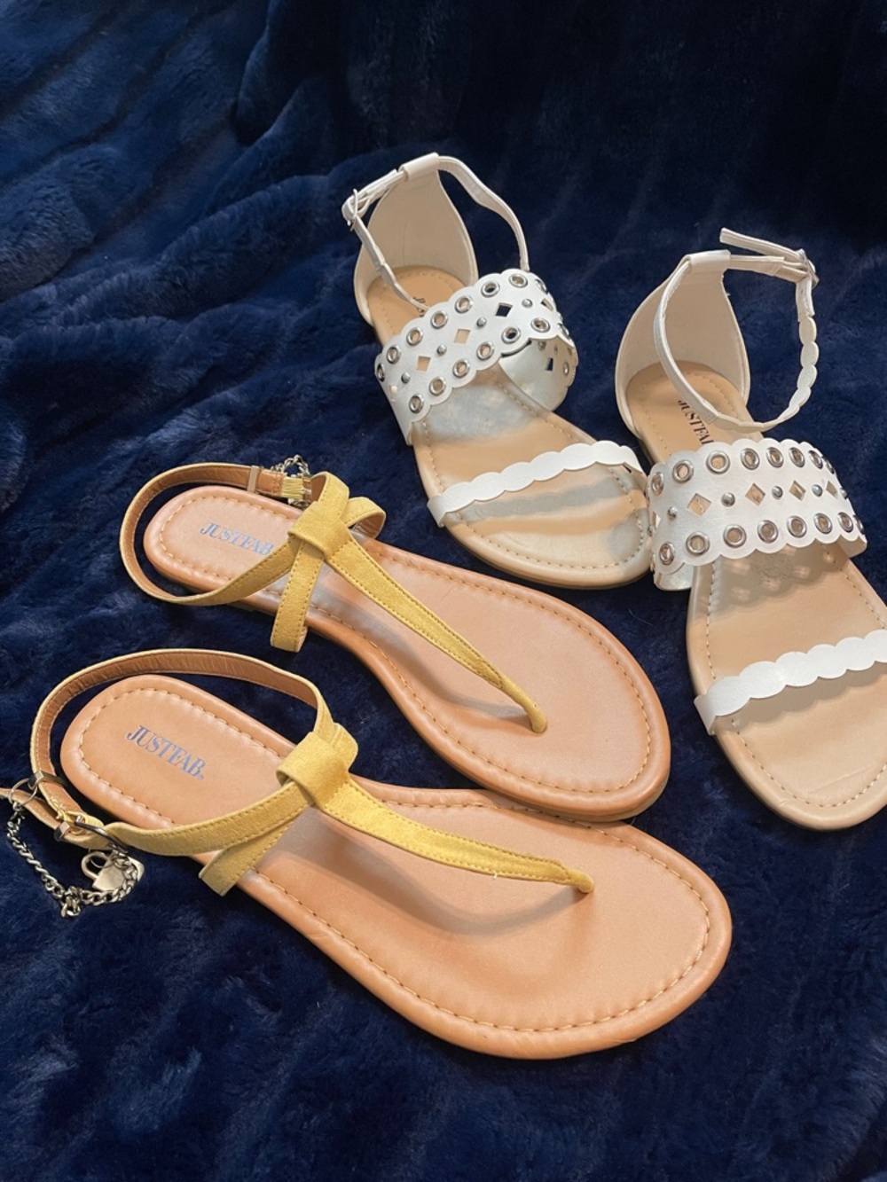 2 Pair JustFab Sandals Yellow T-Strap & White/Silver Metal Cutout